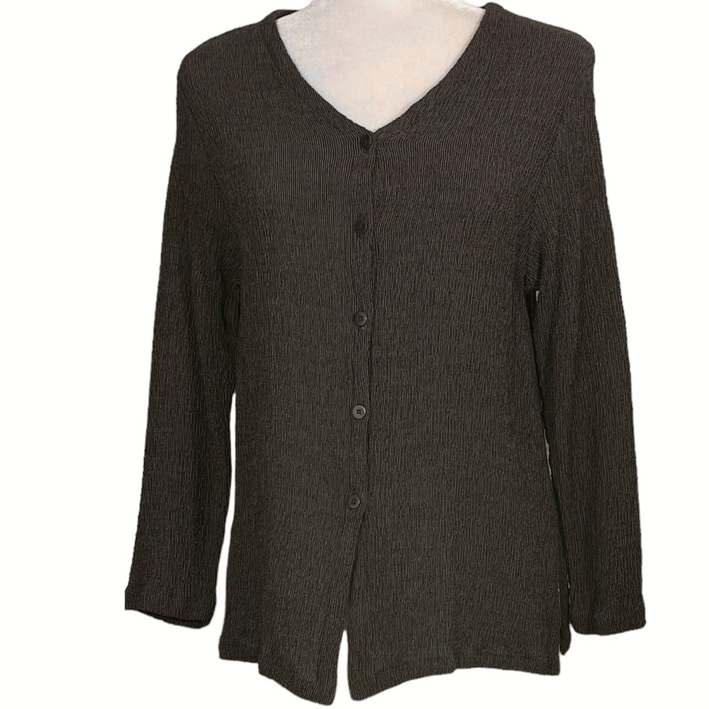 Eileen Fisher Rayon Wool Textured Button Down Long Sleeve Top Comfy Minimalist